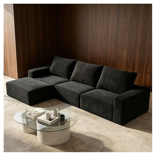 Benlös soffa, svart manchester L-formad modulär sektionssoffa, 4-sits konvertibel soffa med schäslong, djup sits bekväm överdimensionerad soffa för vardagsrum, lägenhet, kontor