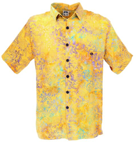 GURU SHOP Casual fritidsskjorta, Bali batikskjorta, män, GUL, L