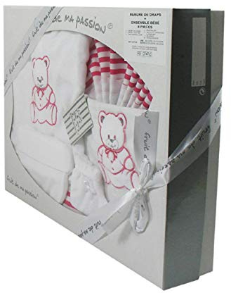 Coffret Parure de draps et Ensemble bébé blanc et fushia - Motif Nounours