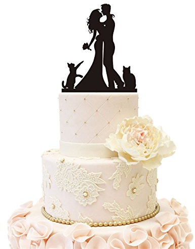 Wedding Anniverary Silhouette Cake Topper Bride Groom with 2 Cats
