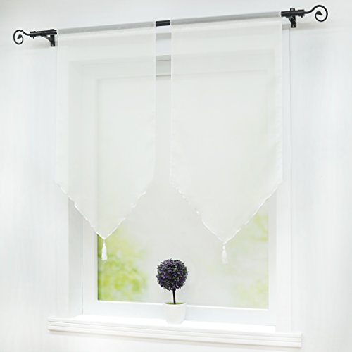 Joyswahl Scheibengardine Voile Bistrogardinen mit Quaste, einfarbig Melina Kurzstore BxH 45x90cm Weiß mit Tunnelzug 2 Stück