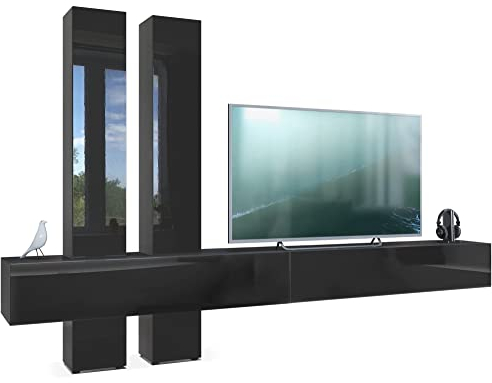 Vladon Wohnwand Moja, Made in Germany, Schwarz matt & Schwarz/Schwarz Hochglanz - Moderne Anbauwand für Ihr Wohnzimmer (BxHxT) 330 x 204 x 39 cm