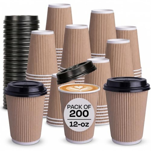 We Can Source It Ltd - 200 x 12oz Kraft Ripple Cups 3-PLY Disposable Insulated Paper Coffee Cups with Black SIP Through LIDS - Manufactured by WECANSOURCEITLTD