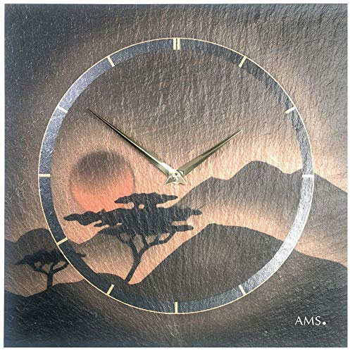 AMS 9515 Wanduhr Quarz Schiefer Naturschiefer Schieferuhr Terracotta