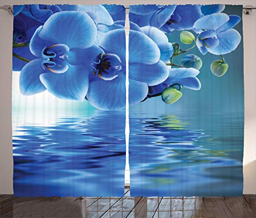 ABAKUHAUS Blume Rustikaler Vorhang, natürliche Orchideen, Wohnzimmer Universalband Gardinen mit Schlaufen und Haken, 280 x 175 cm, Blau