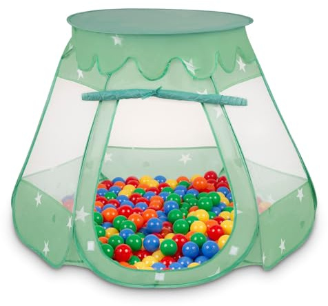 Selonis Lektält, 105 x 90 cm/100 bollar, slott, hus, pop-up, bollhav, plastbollar för barn, mintgrön: gul/grön/blå/röd/orange