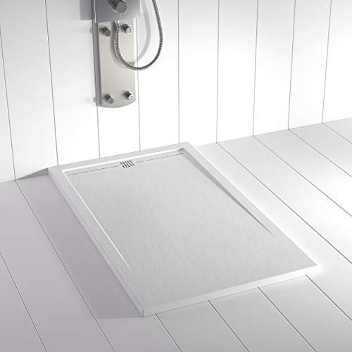 Plato de ducha resina FLOW desagüe lineal frontal color Blanco 90x70 textura pizarra antideslizante rejilla del mismo color con válvula