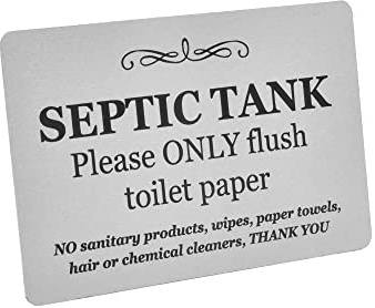 Septic tank Sign - Metal, aluminium with adhesive, notice, plaque for toilets, bathrooms, W.C, loo (Silver)