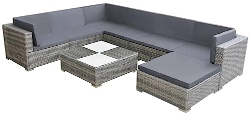 vidaXL Gartenlounge Set 8-teilig mit Kissen Terrasse Outdoor Rasen Hof Terrasse Balkon Sitzgelegenheit Sofa und Tisch Möbel Poly Rattan Grau