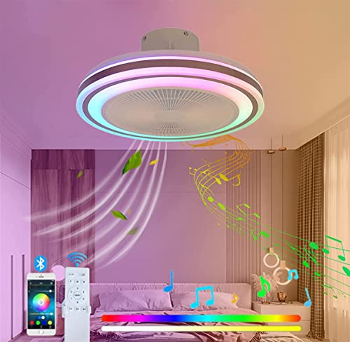 YUNZI LED RGB Bluetooth Bladeless Ceiling Fan Light with Speakers, Low Profile Colorful Ceiling Fan With The Change of Music Rhythm Summer & Winter Reversible-A