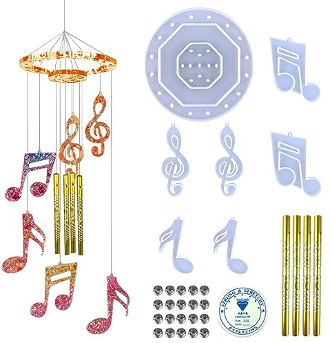 DeryArcle 32Pcs Wind Chimes Resin Mould Music Note Epoxy Resin Moulds Wind Bell Silicone Mold Pendant Casting Molds for DIY Key Chain Necklace Crafts Home Garden Wall Hanging Decor