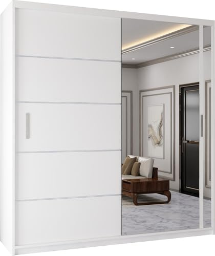 MN Frurniture Modern Double Sliding Door Wardrobe 2 Mirrored Hanging Rails & Shelves Storage Cabinet for Bedroom (White, 203cm)
