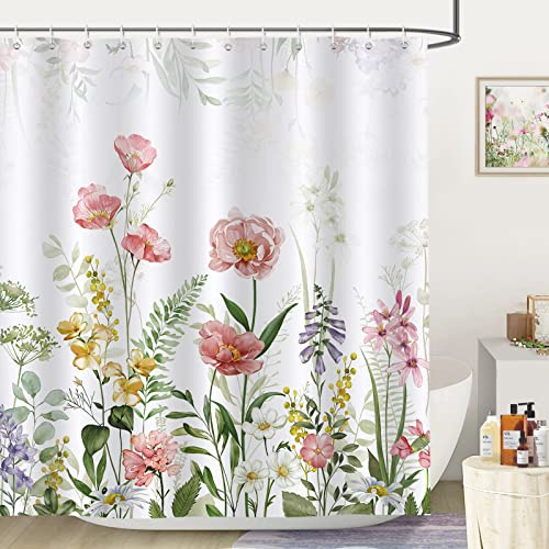 Bonhause Duschvorhang Blume Pflanze Frühling Blätter Duschvorhänge 180 x 180 cm Anti-Schimmel Wasserdicht Polyester Stoff Waschbar Bad Vorhäng für Badzimmer mit 12 Haken