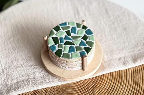 Little Creations mosaik Untersetzer Grün 4 Stück, mit Halter aus Holz | Komplettes DIY Bastelset Erwachsene | Kreativ mosaik Untersetzer basteln | Vielseitiger Untersetzer