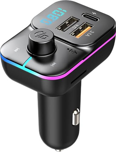 Bluetooth Car Adapter, Bluetooth FM Transmitter Car with USB-C Fast Charger, Wireless Car Bluetooth Transmitter & Radio Receiver, Hands-Free Call, Hi-Fi Music, Universal Car Charger for iPhone Samsung