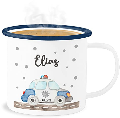 Emaille Becher Blechbecher - Polizei Blaulicht Bundespolizei Polizeiauto Polizist - 300 ml - Weiß Blau - tasse polizisten name trinkbecher polizistin auto tassen für und blechtasse fuer kinder mug