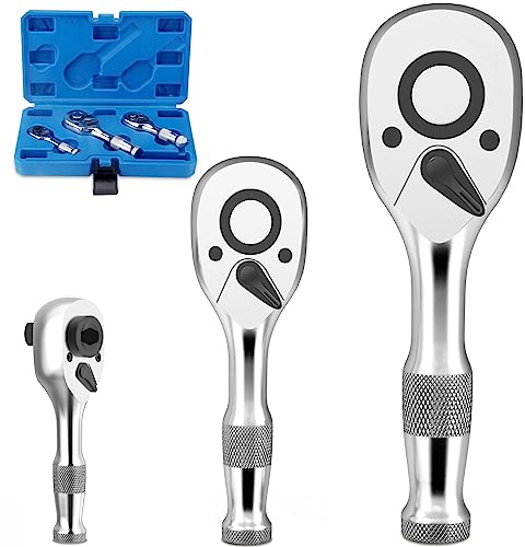 BINGCOBBER Mini Ratschen Umschaltknarre Set,3tlg 1/4 3/8 1/2 Feinverzahnte Knarre mit 72 Zähnen aus CrV-Stahl