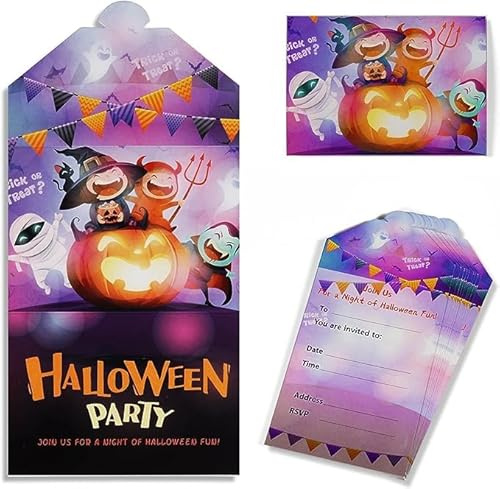 Yiran Gruselige Party-Einladungen für Halloween, 16 Stück, lila, orange, schwarze Umschläge, Hexe, Teufel, Fledermäuse, Kürbis, Trick or Treat für Halloween-Party, Kinder-Halloween-Thema für