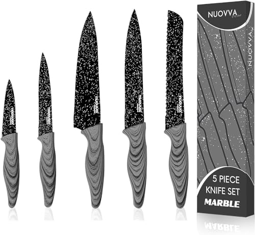 nuovva Professional Kitchen Knife Set – 5pcs Black Granite Kitchen Knives – Stainless Steel Granite Non Stick Blades – Chefs, Filleting, Bread, Paring and Utility Knives