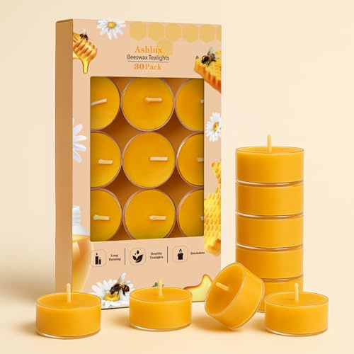 Ashlux Velas de Té de Cera de Abeja 100% Natural, 30 Unidades, 4 Horas de Combustión, Sin Perfume y Sin Humo, Para Hogar, Bodas, Navidad y Spa