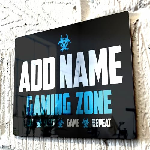 ShopQuality4U Personalised Game Metal Mirror Gamer Sign - Customised Printed Wall Art Plaque A5 Gaming Zone Caution Blue