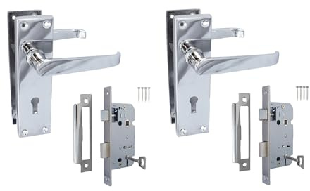 Victorian Lock Straight Polished Chrome Door Handles - Internal Latch Handle Sets,3 Lever Mortice Sash Lock, Silver Internal Door Handles for Internal Doors (2 Pair of Handles + 3 Lever SASH Lock)