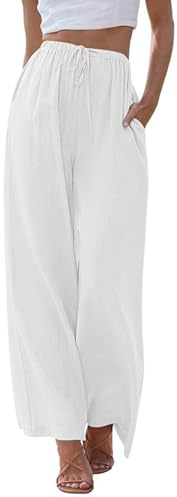 Kiench Damen Hosen Sommer Leichte Leinen Palazzo-Hose Weites Bein mit Tunnelzug Taschen Weiß EU XXXL/Größe 48-50