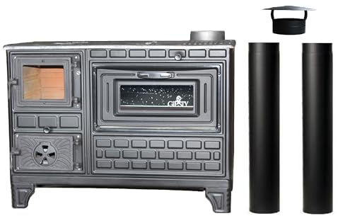 Giesty® Forno da esterno con piastra in ghisa, camino da giardino, forno per pizza, stufa a legna per esterni, cucina da esterno compatta (Porta in vetro + 2 tubi)