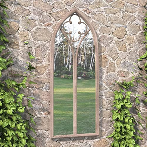LAPOOH Gartenspiegel, Kirchenfenster, Fensterförmiger Spiegel, Wandornament, Spiegel Landhausstil, Sand 70x30 cm Eisen