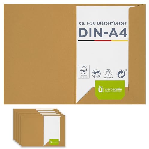 25 x Präsentationsmappe für A4 in braun, FSC® MIX 70%, sehr stabile Dokumentenmappe 320g/m² Karton mit Visitenkartenschlitz, passt in C4-Umschlag, Made in Germany, direkt vom Hersteller Werbegrün