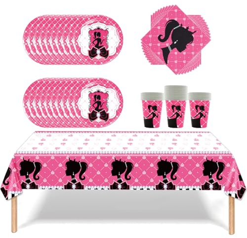Fuwraixis Stoviglie per feste ragazze rosa, Set di decorazioni da stoviglie per feste di compleanno, 20 tovaglioli, 20 bicchieri di carta, 20 piatti di carta, 1 tovaglia, Ideale per le feste