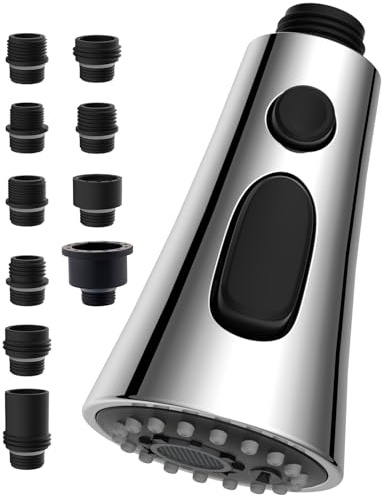 Hibbent Kitchen Faucet Head Replacement, 3-Function Kitchen Sink Spray Nozzle Compatible with Moen, Pull Down Kitchen Spray Head with 9 Adapters, EU Standard, Delta, Kohler Faucets, Chrome
