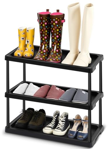 Cinnvoice Boot Shoe Organizer Rack Plastic Boot Tray Large Waterproof Utility Shoe Mat Storage Shelf for Indoor Outdoor Entryway Hallway Closet Use in All Seasons Black (28 d X 14.5 w X 29 h)