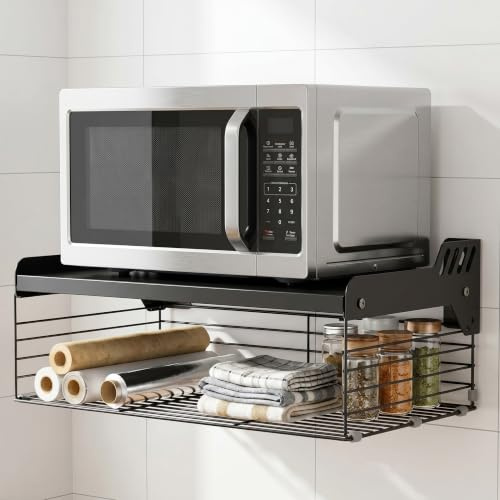 QWORK® Mikrowellen Regal Hängend, 2 Ebenen Metall Mikrowellen Wandhalterung, 55x35x16 cm Mikrowellenhalterung mit Aufbewahrungskorb