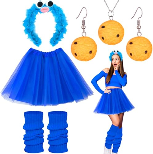 5 Stück Krümelmonster Kostüm Damen, Cookie Outfit Accessoires mit Krümelmonster Haarreif Kekse Ohrringe Halskette Blau Tüllrock Bein Stulpen für Erwachsene Fasching Karneval Maskerade Cosplay