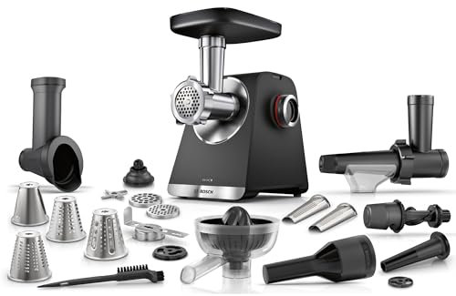 Bosch MultiPower Serie 6 Fleischwolf MFWS682B, Reibe-, Kebbe- und Wurst-Aufsatz, Entsafter, Gebäck-Aufsatz, Zitruspresse, Mühle, 3 Lochscheiben (3, 4,5 und 8 mm), Motorblockleistung 2.100 W, Schwarz