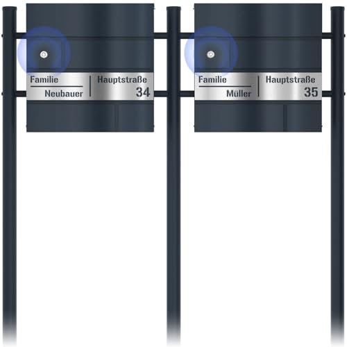 Graviers Design Cassetta postale doppia moderna con campanello radio in antracite RAL 7016 - Incisione in acciaio inox personalizzata con taglio laser - Cassetta postale con serratura Design 2