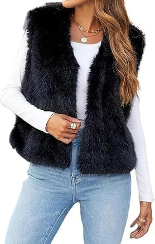 SANSIWU Ärmellose Weste für Damen, flauschiges Kunstfell, Y2K, offene Vorderseite, solide Oberbekleidung, Weste, Plüschweste, kurze Weste, Jacke, Mantel