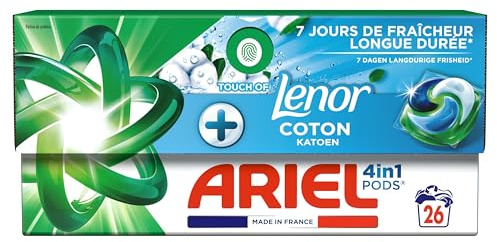 Ariel 4en1 PODS, Lessive Liquide En Capsules 26 Lavages, + Touch of Lenor Coton, 7 Jours De Fraîcheur Longue Durée