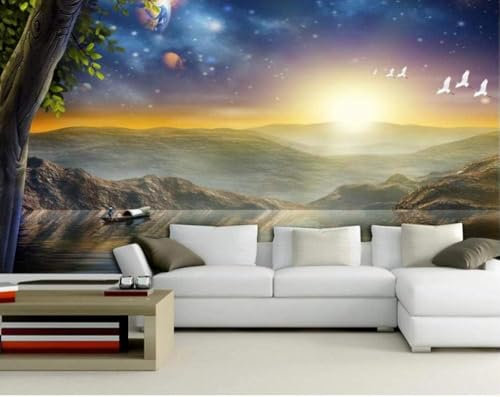 Starry Sky High Mountains Sunrise Boats Rivers 3D Wallpaper Office Living Room Sofa Bedroom TV Background Wall Decoration-430cm×300cm