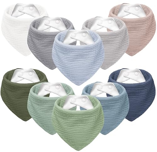 Susurration Muslin Baby Bibs 10Pack Soft Triangular Adjustable Baby Dribble Bandana Bibs with Adjustable Snaps for Unisex Baby Girls & Boys