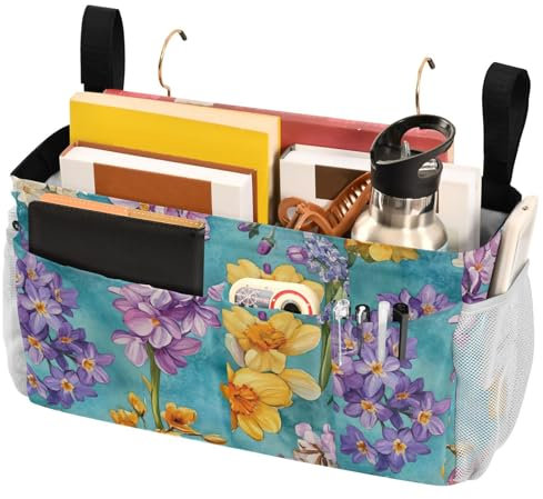 FRODOTGV Borsa da comodino con fiori autunnali giacinti narcisi fresia turchese borsa con tasche organizer per letti a castello e ospedale, dormitori, sponde letto