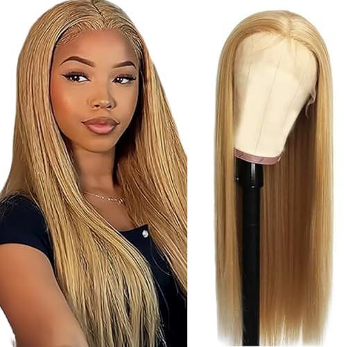 Salharer Echthaar Perücke für Damen Perücken Straight Human Hair Wig 13x6 Lace Front Wig Perücken Echthaar mit Babyhaar Any Part #27 Honey Blonde Color 28 Inch