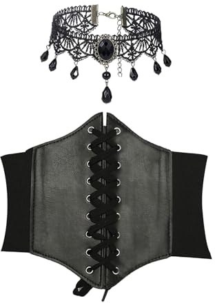 JOZMMZEOOA 2 Pièces Corset Femme Ceinture,avec 1 Noir Collier Choker, Noir Corset Femme Bustier Gothique Collier Ras de Cou Pirate Steampunk Robe Medievale Grosse Ceinture