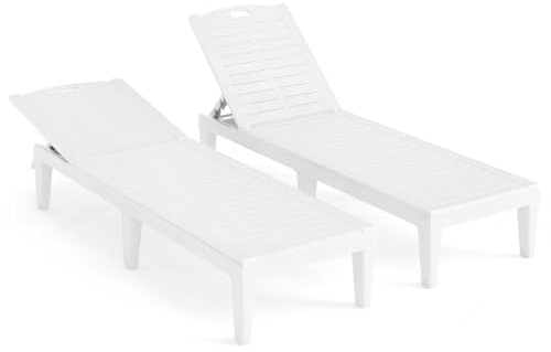 KOMFOTTEU 2er Set Gartenliege aus PP, Liegestuhl mit 5-Fach Verstellbarer Rückenlehne, Sonnenliege bis 160 kg, für Balkon, Terrasse, Picknick, 156 x 55 x 83 cm (Weiß)
