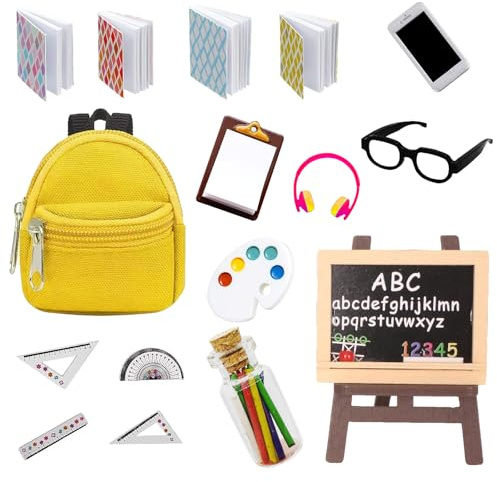Xerteam 26Pcs Wichtel Zubehör,1:12 Puppenhaus Zubehör, Miniatur Zubehör, Mini-Tafelset, Maltafel, Schreibtafel, Modell-Handy, Schulranzen, Stift, Lineal, Buch, Brille, Kopfhörer, Kinder Geschenke