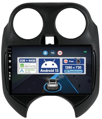 BXLIYER 9 Pouce 2G+64G Autoradio pour Nissan March Micra (2010-2017) GPS Radio - sans Fil Carplay Android Auto - Android 15 - Caméra arrière - 2 Din - Dab Volant WLAN Bluetooth DSP 4G