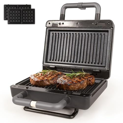 Gadgy 800W Gofrera y Sandwichera 2 en 1 – Paneles Extraíbles Antiadherentes – Termostato – Mango Cool Touch – Luz Indicadora – Almacenamiento Vertical – Negro Mate – Patas Antideslizantes