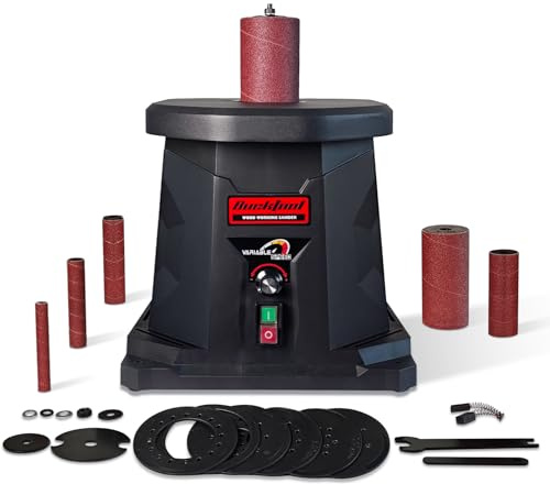 BUCKTOOL Variable Speed Spindle Sander for Wood, 450W, 1000-1800 RPM | Oscillating Bobbin Sander with Six Sleeves, 16 mm Stroke and Dust Port for Edges and Precision Finishing
