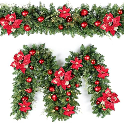 Weihnachtsgirlande mit Blumen und Rote Beere2.7 M，Weihnachtsdeko Girlande Türkranz Künstliche Weihnachtskranz ür Weihnachtsbaum, Kamine, Treppen, Türen, Weihnachtsbaum, Garten, Hof, Dekoration